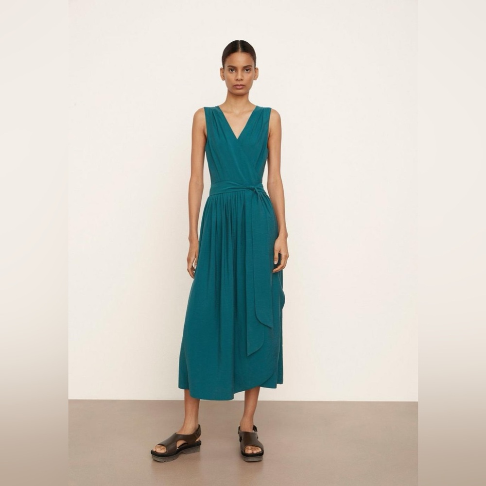 VINCE midi sleeveless wrap dress in teal - Picture 4 of 5